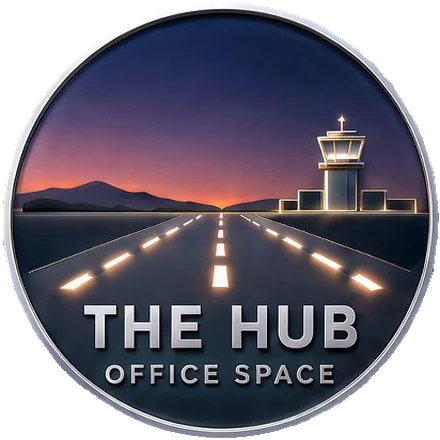 The Hub Office Space badge: a runway at dusk with a control tower